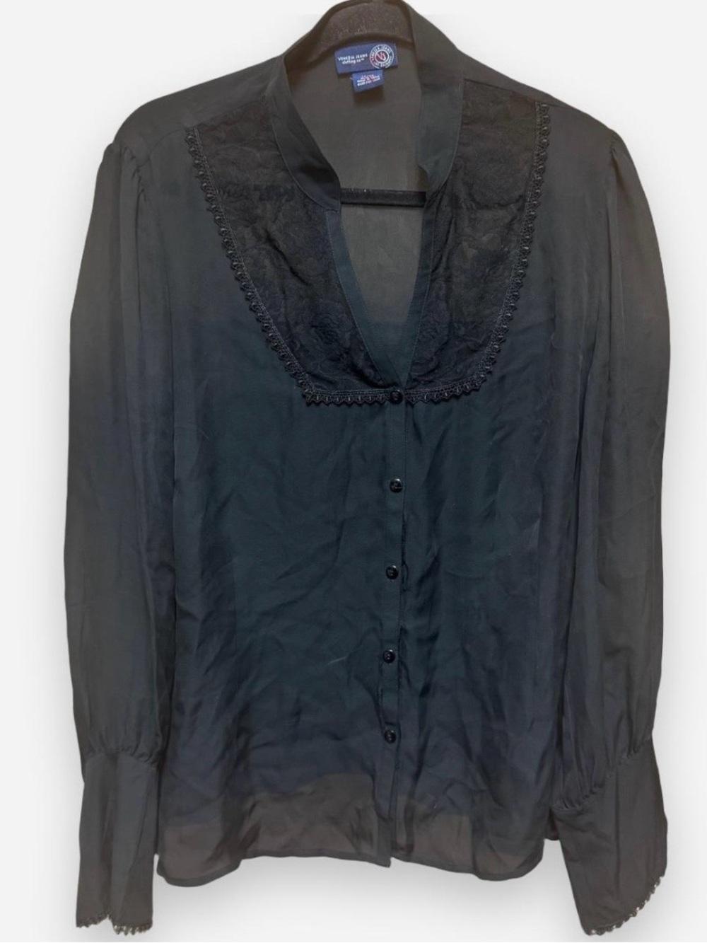 Venezia Jeans Black Silk Blouse with Lace Accent